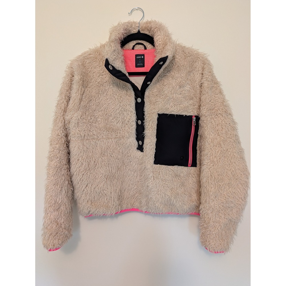 Stance Womens S Beige Fuzzy Sherpa Fleece Snap Pullover Jacket Neon Pink Accent